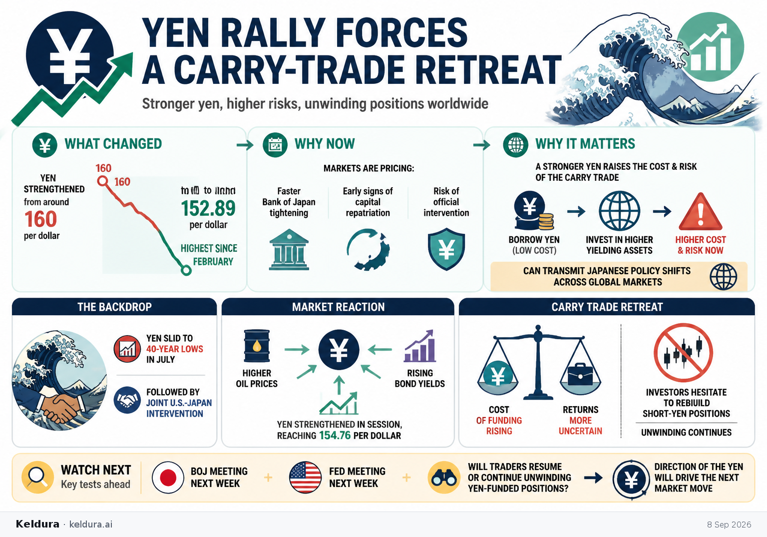 Visual Cheatsheet for Yen Rally Forces a Carry-Trade Retreat. Text equivalent follows.