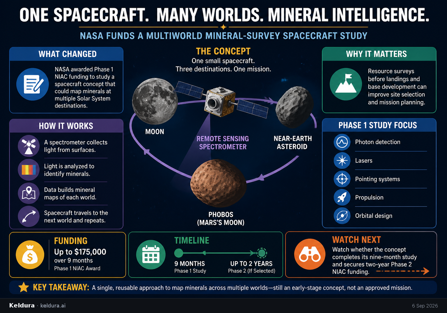 Cheatsheet for NASA funds a multiworld mineral-survey spacecraft study. Text equivalent is attached.