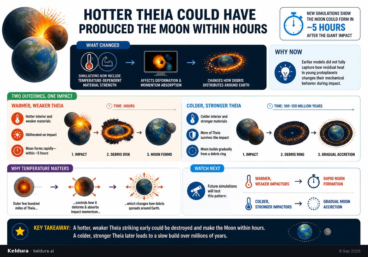 Visual Cheatsheet for Hotter Theia Could Have Produced the Moon Within Hours. Text equivalent follows.